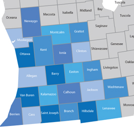 Basement waterproofing in Michigan in Ionia, Kent, Montcalm, Muskegon, Newaygo, Ottawa, Clinton, Easton, Gratiot, Hillsdale, Ingham, Jackson, Lenawee, Washtenaw, Allegan, Barry, Berrien, Branch, Calhoun, Cass, Kalamazoo, St. Joseph and Van Buren MI county areas.