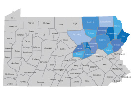 Pennsylvania Map, Basement waterproofing in PA in Bradford, Carbon, Columbia, Lackawanna, Luzerne, Lycoming, Monroe, Montour, Northumberland, Pike, Sullivan, Susquehanna, Union, Wayne, Wyoming and Snyder Pennsylvania county areas.